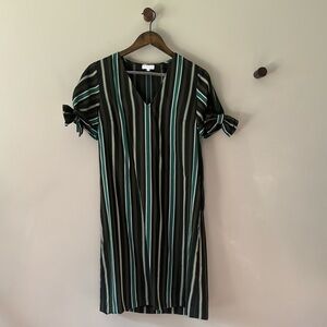 CLAUDIE PIERLOT PARIS SHORT SLEEVE SHIFT DRESS WITH GREEN STRIPES & BOWS